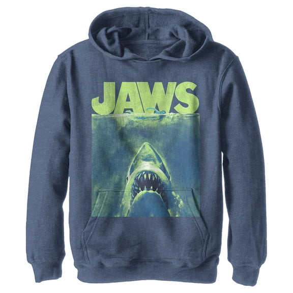 Boy's Jaws Neon Poster  Pull Over Hoodie Navy Blue Heather Small