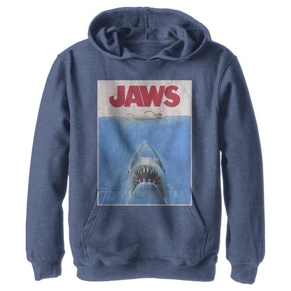 Boy's Jaws Retro Distressed Poster Pull Over Hoodie Navy Blue Heather Small