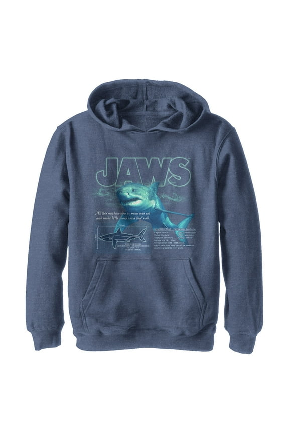 Boy's Jaws Shark Blueprint Pull Over Hoodie Navy Blue Heather Large