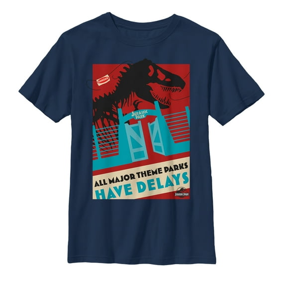 Boy's Jurassic Park All Theme Parks Have Delays, T-Rex Graphic Tee Navy Blue Medium