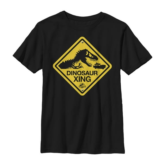 Boy's Jurassic Park Dinosaur Crossing Sign Graphic Tee Black Medium