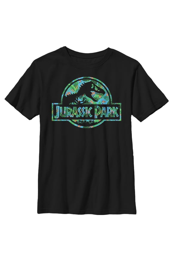 Boy's Jurassic Park Floral T Rex Logo Graphic Tee Black Large