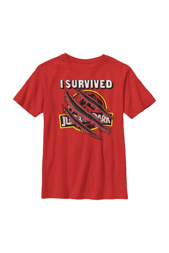 Boy's Jurassic Park I Survived The Island, Raptor Claw Tear Graphic Tee Red Small