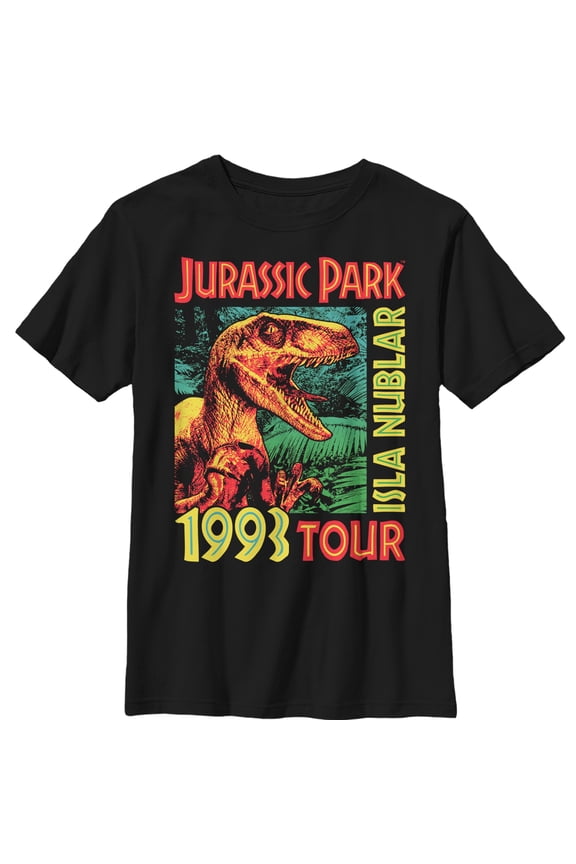 Boy's Jurassic Park Isla Nublar 1993 Tour, Featuring Velociraptor Graphic Tee Black Large