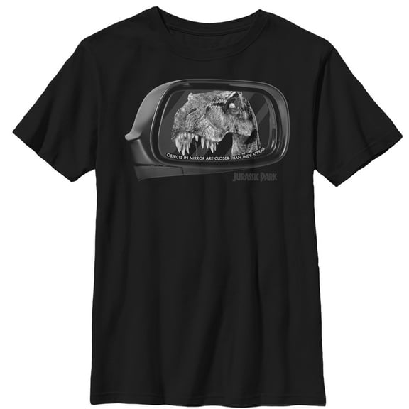 Boy's Jurassic Park T. Rex In Rearview Mirror, Objects Are Closer Graphic Tee Black X Small
