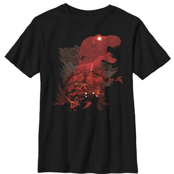 Boy's Jurassic Park T.Rex, Velociraptor Invite You To Visit Beautiful Landscape  Graphic Tee Black X Small