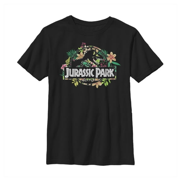Boy's Jurassic Park Tropical T-Rex Silhouette  Graphic Tee Black Medium