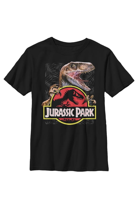 Boy's Jurassic Park Velociraptor Hooked On Logo Graphic Tee Black Small