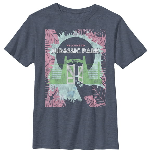 Boy's Jurassic Park Welcome Gates Cartoon  Graphic Tee Navy Blue Heather Medium