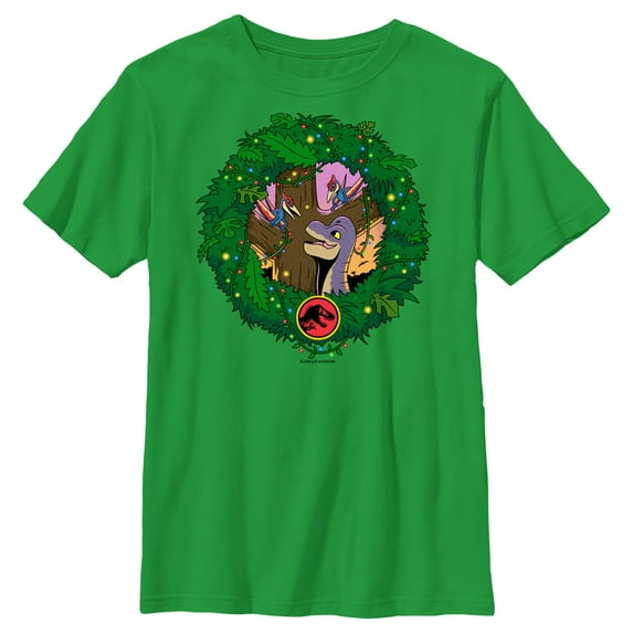 Boy's Jurassic World Dinosaur Christmas Wreath Graphic Tee Kelly Green Small