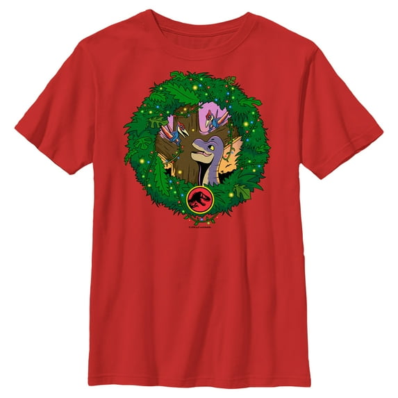 Boy's Jurassic World Dinosaur Christmas Wreath Graphic Tee Red X Small