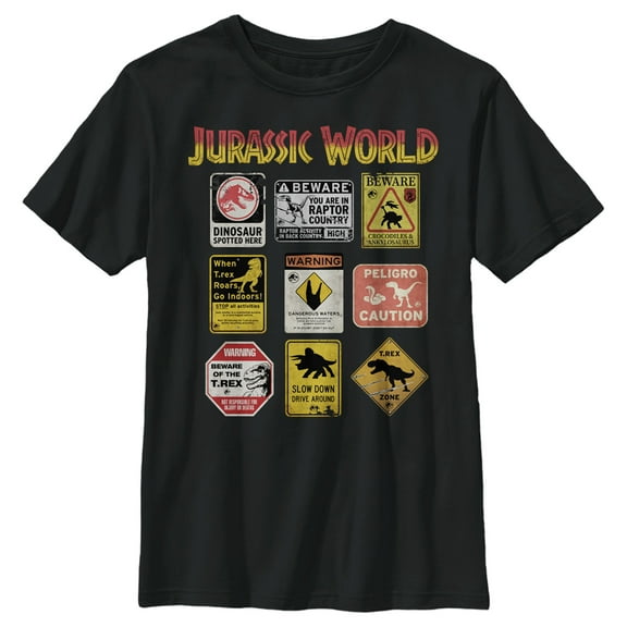 Boy's Jurassic World: Dominion Dinosaur Warning Sign Collage Graphic Tee Black Medium