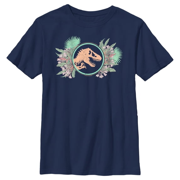 Boy's Jurassic World Floral T-Rex Logo Graphic Tee Navy Blue Medium