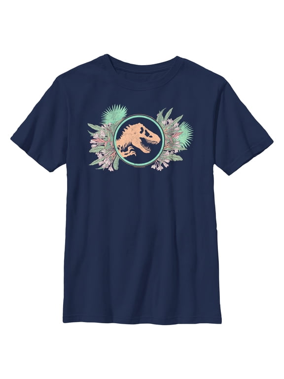 Boy's Jurassic World Floral T-Rex Logo Graphic Tee Navy Blue Medium