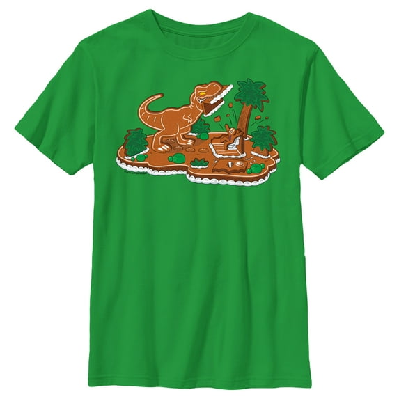 Boy's Jurassic World Gingerbread Dinosaur Island Graphic Tee Kelly Green Large