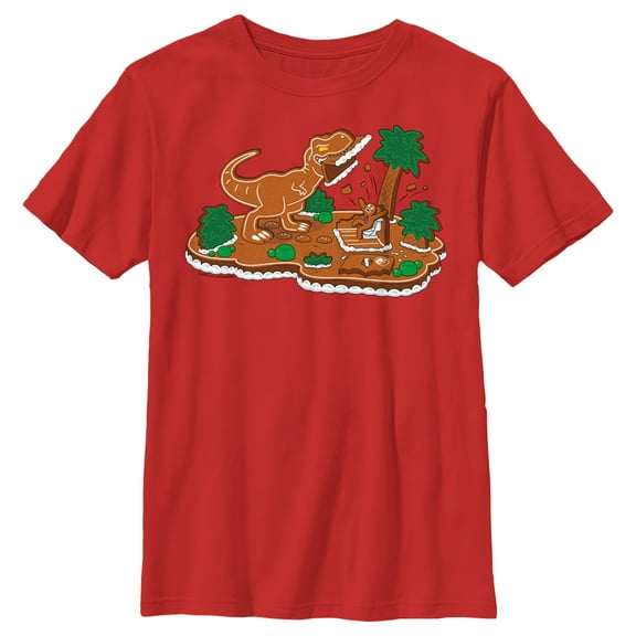 Boy's Jurassic World Gingerbread Dinosaur Island Graphic Tee Red Small