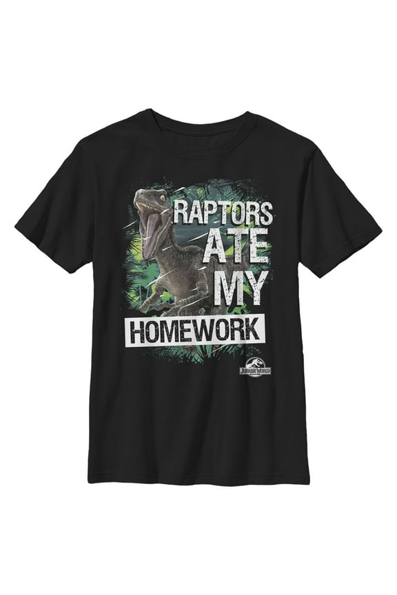 Boys' Husky Jurassic World Raptors Ate My Homework Graphic Tee Black Medium