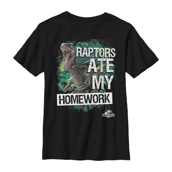 Boy's Jurassic World Raptors Ate My Homework Graphic Tee Black Small
