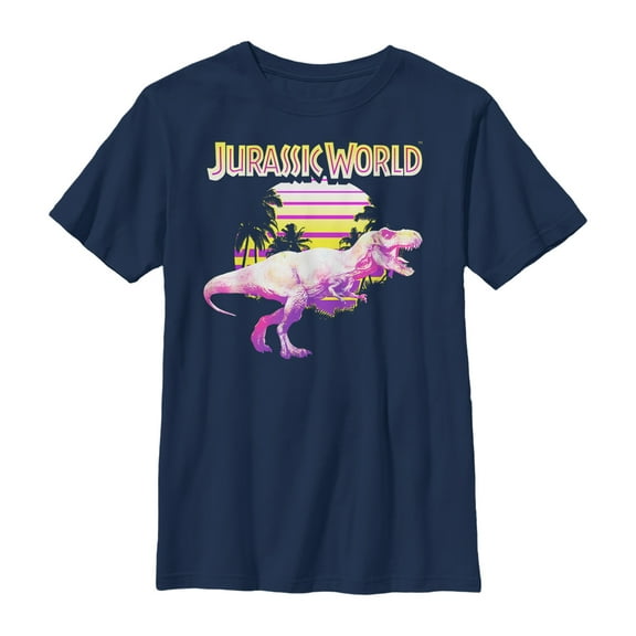Boy's Jurassic World Retro T. Rex Sunset  Graphic Tee Navy Blue Small