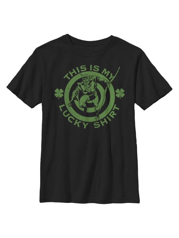 Boy's Justice League St. Patrick's Day Green Arrow This is my Lucky Shirt Graphic Tee Black Large