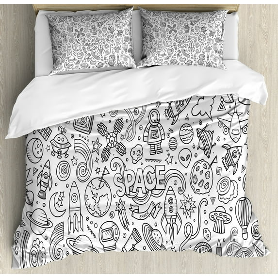 Boy's King Size Duvet Cover Set, Astro Sketch Abstract Planets in Doodle Drawing Style Children's Cartoon Composition, Decorative 3 Piece Bedding Set with 2 Pillow Shams, Black White, by Ambesonne