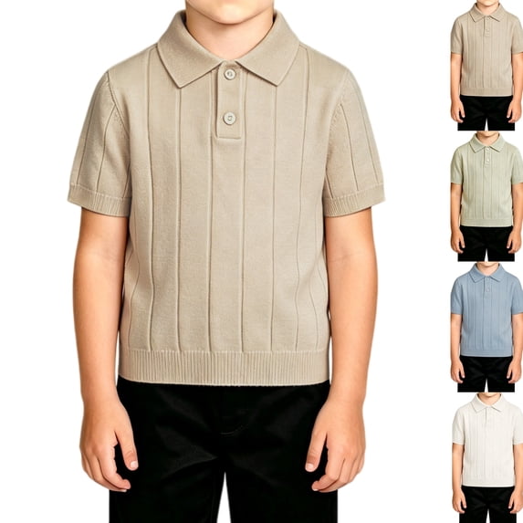 Boy's Knit Polo Shirts Short Sleeve Textured School Uniform Casual Ribbed Golf Dress Shirt Back to School Clothes Beige,4‑5 Years
