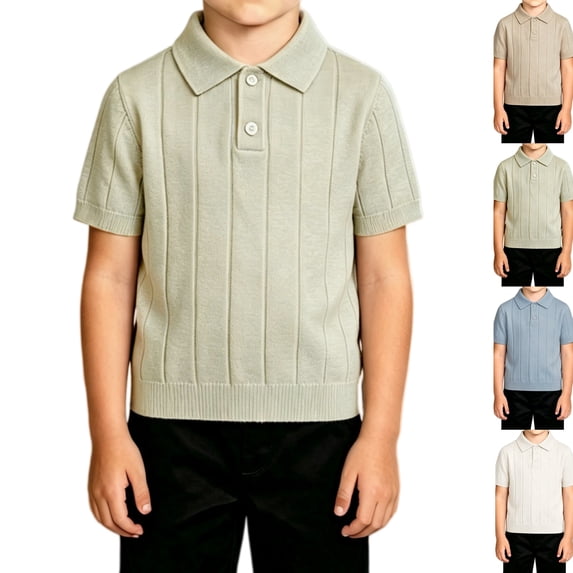 Boy's Knit Polo Shirts Short Sleeve Textured School Uniform Casual Ribbed Golf Dress Shirt Back to School Clothes Light Green,2‑3 Years