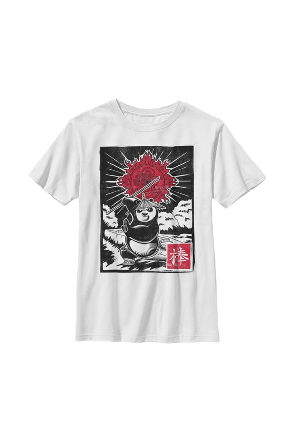 Boy's Kung Fu Panda Bo Staff Woodcut  Graphic Tee White Large