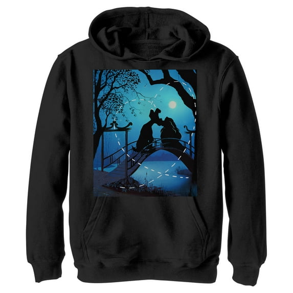 Boy's Lady and the Tramp Kissing in the Moonlight Silhouette Pull Over Hoodie Black Small