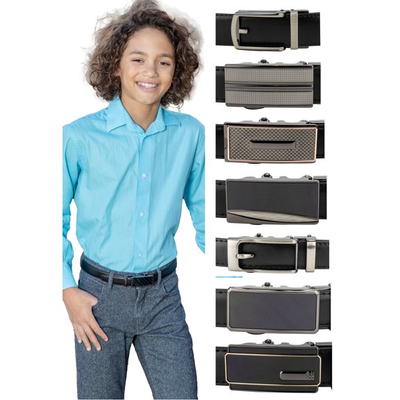 Boy's Leather Ratchet Belt, Trim to Fit 18"- 34" Waist, No Holes, Packed in a Gift Box by CANDOR AND CLASS (B726 Black, 30mm Wide)