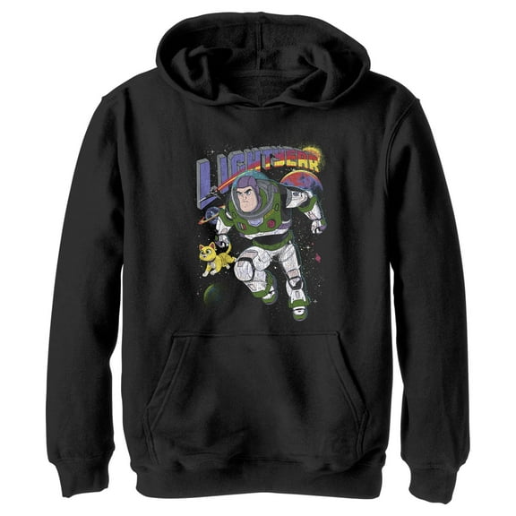 Boy's Lightyear Retro Distressed Buzz and Sox Pull Over Hoodie Black Medium