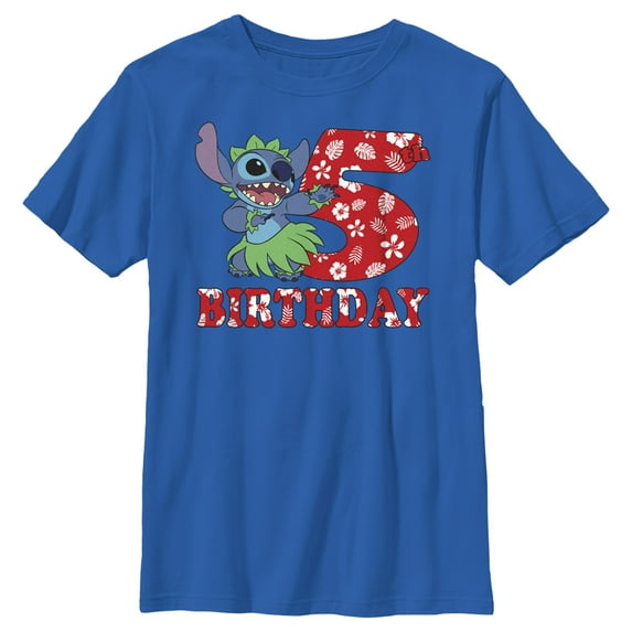 Boy's Lilo & Stitch 5th Birthday Hula Dance Graphic Tee Royal Blue Medium