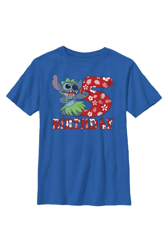 Boy's Lilo & Stitch 5th Birthday Hula Dance Graphic Tee Royal Blue Small