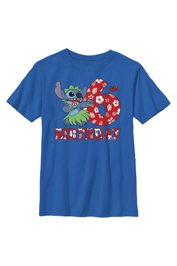 Boy's Lilo & Stitch 6th Birthday Hula Dance Graphic Tee Royal Blue Small