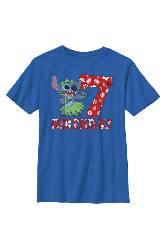 Boy's Lilo & Stitch 7th Birthday Hula Dance Graphic Tee Royal Blue Small