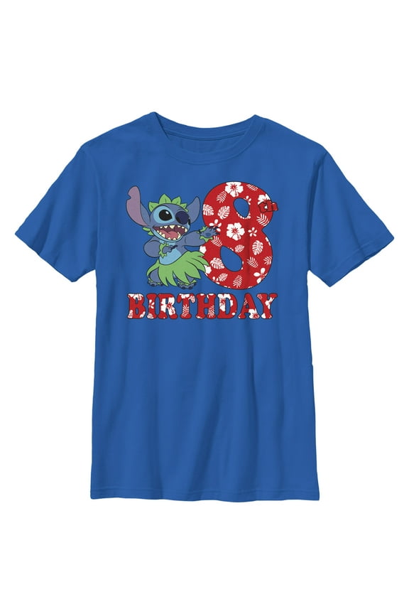 Boy's Lilo & Stitch 8th Birthday Hula Dance Graphic Tee Royal Blue Large