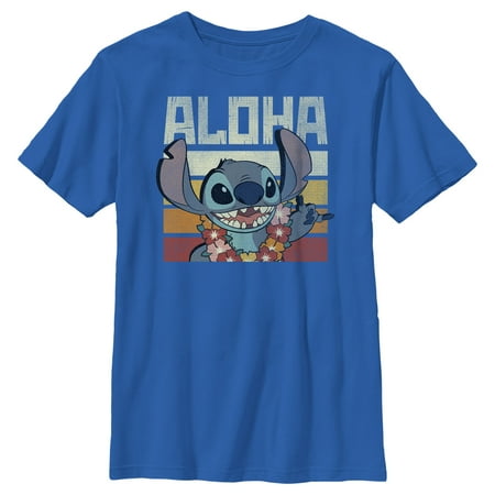 Boy's Lilo & Stitch Aloha Distressed Stitch Graphic Tee Royal Blue Large