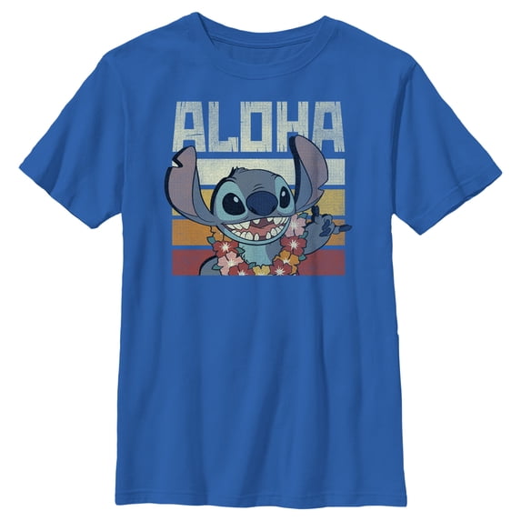 Boy's Lilo & Stitch Aloha Distressed Stitch Graphic Tee Royal Blue Small