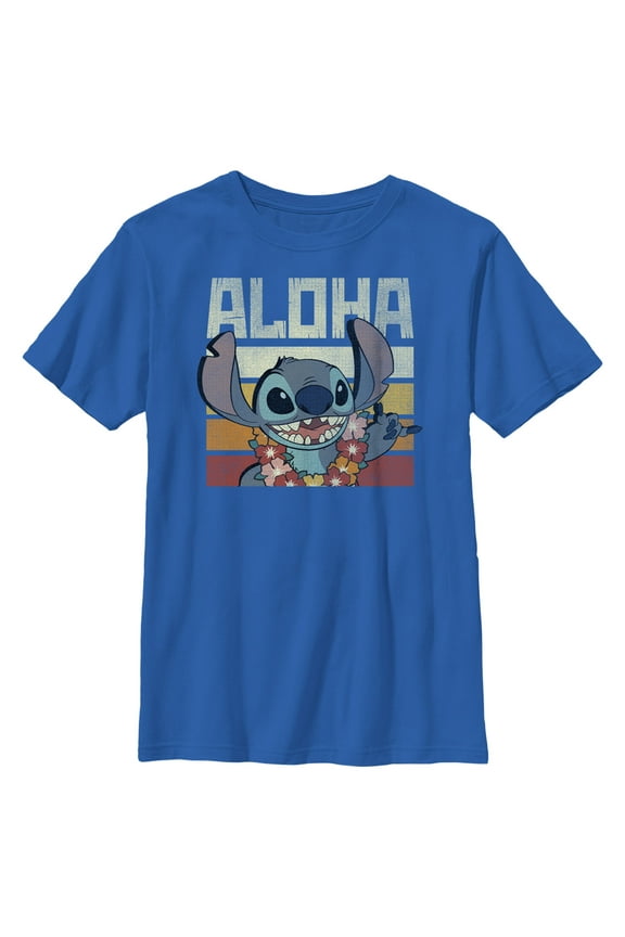 Boy's Lilo & Stitch Aloha Distressed Stitch Graphic Tee Royal Blue Small