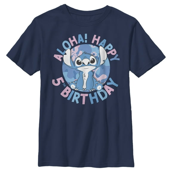Boy's Lilo & Stitch Aloha Happy 5th Birthday Graphic Tee Navy Blue X Small