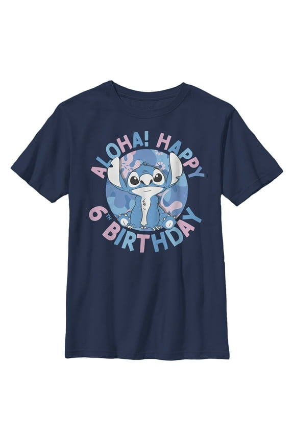 Boy's Lilo & Stitch Aloha Happy 6th Birthday  Graphic Tee Navy Blue Medium
