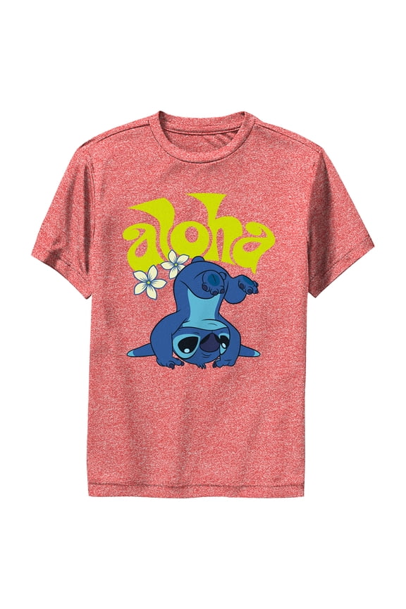 Boy's Lilo & Stitch Aloha Headstand Stitch Performance Graphic Tee Red Heather Large