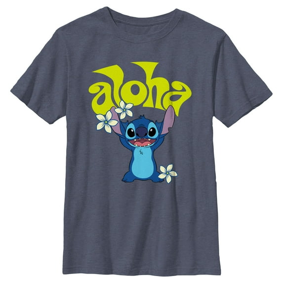 Boy's Lilo & Stitch Aloha Wavy Text Graphic Tee Navy Blue Heather Medium