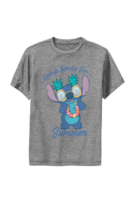 Boy's Lilo & Stitch Always Ready for Summer Stitch Performance Graphic Tee Charcoal Heather X Large