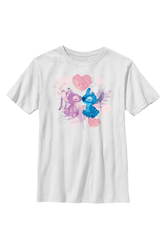 Boy's Lilo & Stitch Angel Eskimo Kiss Watercolor Graphic Tee White Large