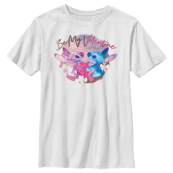 Boy's Lilo & Stitch Be My Valentine Watercolor Couple  Graphic Tee White Medium
