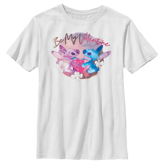 Boy's Lilo & Stitch Be My Valentine Watercolor Couple Graphic Tee White X Small