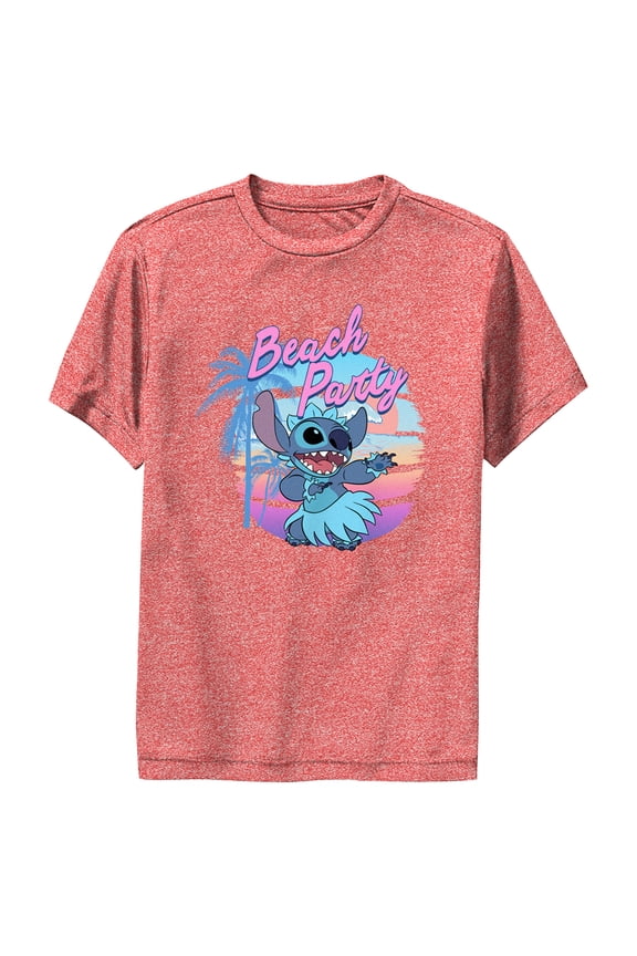Boy's Lilo & Stitch Beach Party Stitch Performance Graphic Tee Red Heather Large