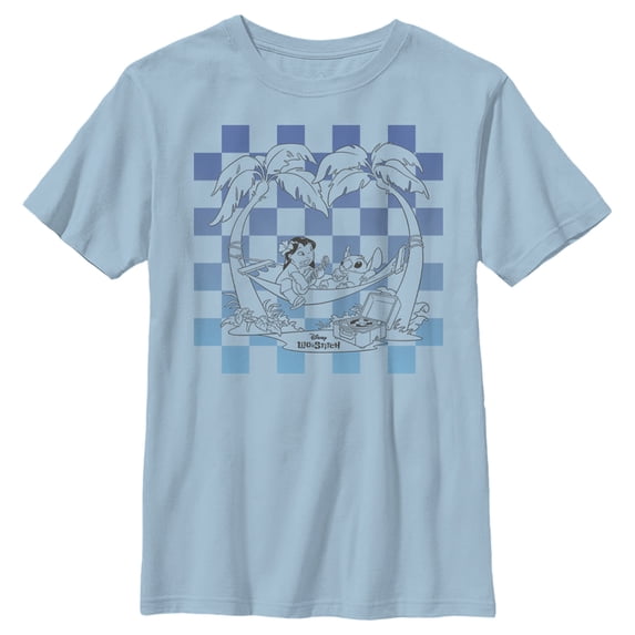 Boy's Lilo & Stitch Blue Checkered Palm Trees Graphic Tee Light Blue Small