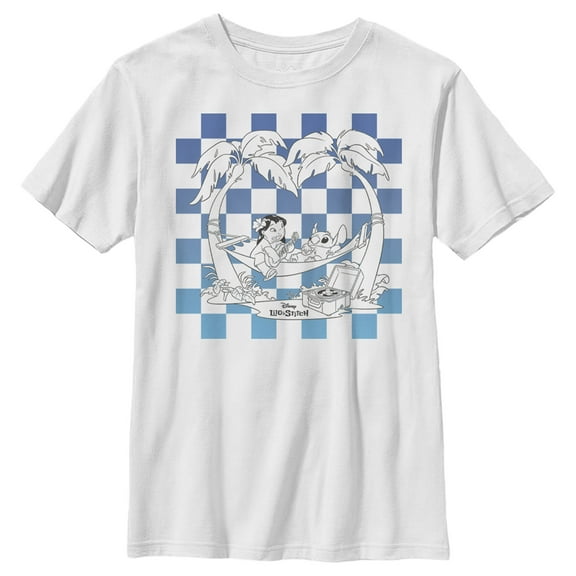 Boy's Lilo & Stitch Blue Checkered Palm Trees Graphic Tee White Small